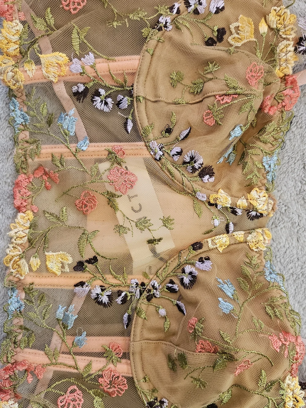Embroidered Floral Sheer Bralette/ Corset - Nude with Multi-Color Flowers - Picture 6 of 6